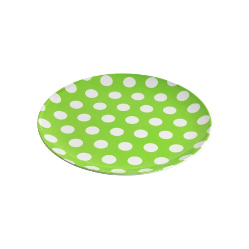 Set of 6 lime melamine plates with white dots, durable, stylish, and perfect for any dining occasion.