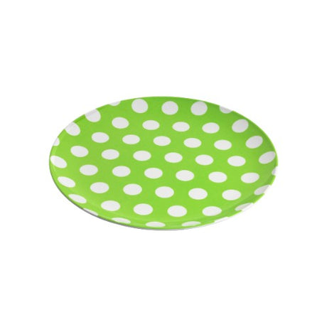 Set of 6 lime melamine plates with white dots, durable, stylish, and perfect for any dining occasion.