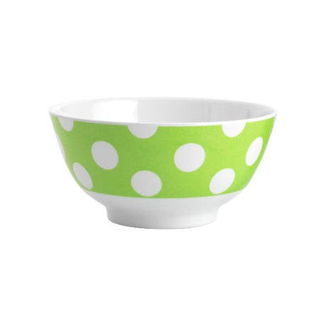 Set of 6 Jab melamine bowls featuring white dots on vibrant lime, perfect for versatile dining and durable for everyday use.