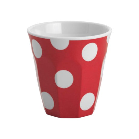 Set of six red tumblers with white dots, made from durable melamine, perfect for serving hot and cold beverages.