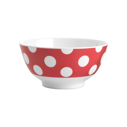 Set of 6 red melamine bowls with white dots, stylish and durable for everyday and special events, 15cm size.