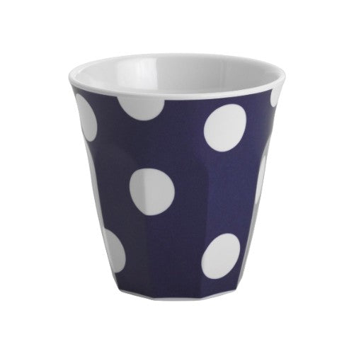 Set of 12 navy tumblers with white dots, perfect for hot or cold drinks, durable, dishwasher safe, elegant design.