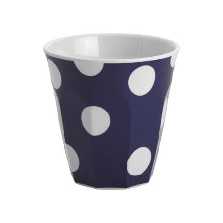 Set of 12 navy tumblers with white dots, perfect for hot or cold drinks, durable, dishwasher safe, elegant design.