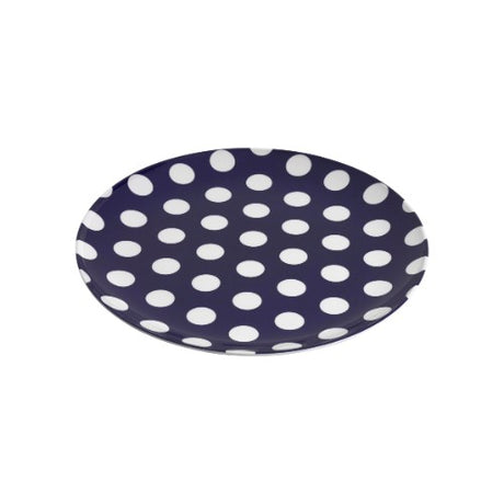 Set of 6 Jab Coupe plates featuring white dots on navy, made of durable melamine, perfect for any dining occasion.