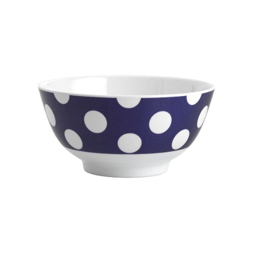 Set of 6 navy bowls with white dots, made from durable melamine, ideal for dining and easy to clean.