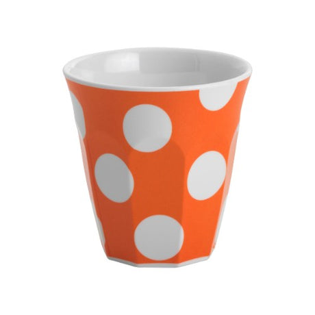 Set of 6 vibrant orange melamine tumblers with white dots, perfect for durable, stylish dining and gatherings.