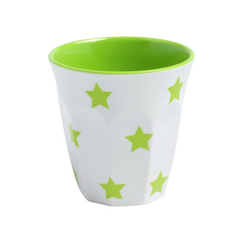 Set of 6 lime star tumblers made from durable melamine, perfect for outdoor gatherings and dishwasher safe.