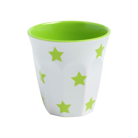 Set of 6 lime star tumblers made from durable melamine, perfect for outdoor gatherings and dishwasher safe.