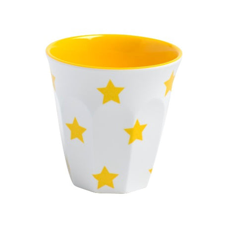 Set of 6 vibrant yellow star melamine tumblers, durable and elegant for hot or cold beverages, perfect for any occasion.