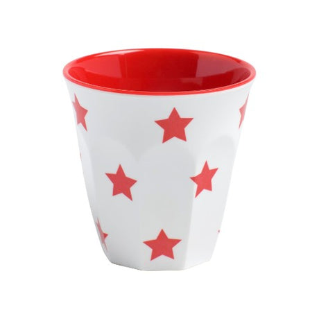 Set of 6 vibrant red star melamine tumblers, durable, scratch-resistant, and dishwasher safe for hot and cold drinks.