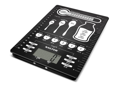 Sleek Salter Electronic Kitchen Scale with glass platform, easy-to-read display, and conversion functions for precise cooking.