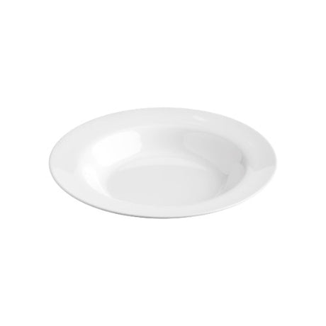 Elegant white melamine pasta bowl with ribbed design, perfect for serving dishes at casual or formal events.