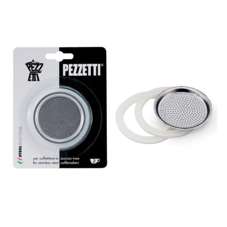 High-quality Pezzetti Steelexpress 2 Cup gaskets and filter for optimal brewing, designed for stainless steel coffee makers.