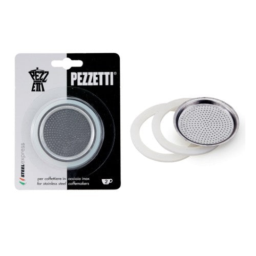 High-quality Pezzetti Steelexpress 2 Cup gaskets and filter for optimal brewing, designed for stainless steel coffee makers.