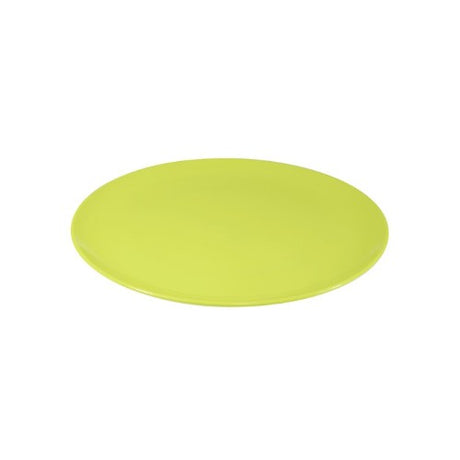 Round coupe dinner plates in apple color, made from durable melamine, ideal for elegant dining and easy cleanup.