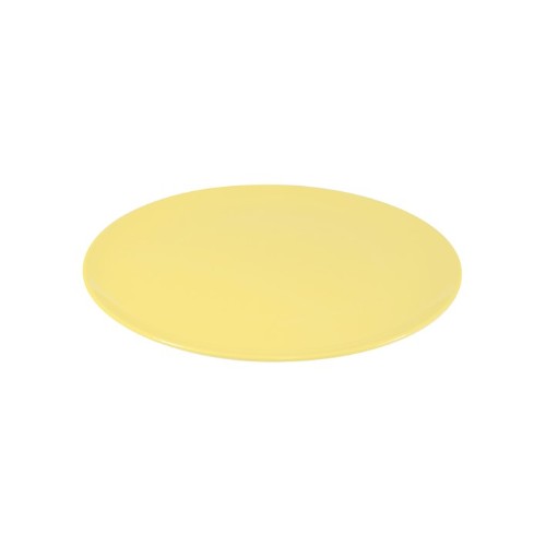 Set of 6 lemon-hued Jab Sorbet Round Coupe Plates, durable melamine, scratch-resistant, and dishwasher safe.