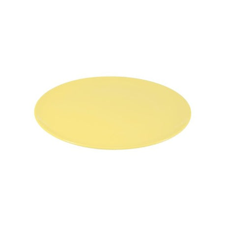 Set of 6 lemon-hued Jab Sorbet Round Coupe Plates, durable melamine, scratch-resistant, and dishwasher safe.