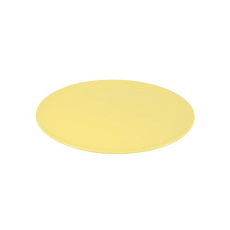 Round coupe plate set of 6 in lemon color, crafted from durable melamine, ideal for hot and cold dishes, dishwasher safe.