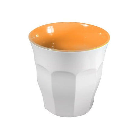 Vibrant mango and white melamine espresso cup set, 6 units, stylish and durable for coffee lovers and casual gatherings.