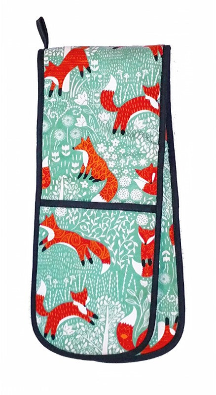 Ulster Weavers Double Oven Glove featuring Foraging Fox design with duck egg shell background, ideal for safe cooking.