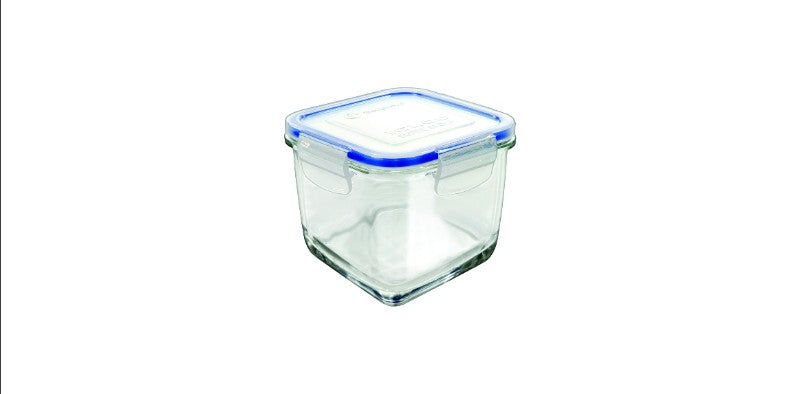Borgonovo Superblock Igloo Square food storage container, 830ml, with glass walls and airtight rubber lid for freshness.