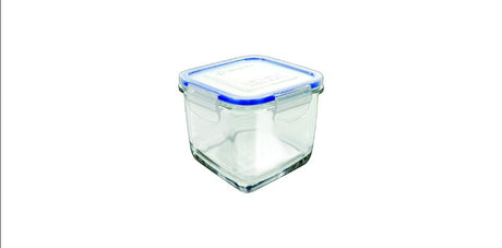 Borgonovo Superblock Igloo Square food storage container, 830ml, with glass walls and airtight rubber lid for freshness.
