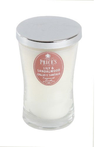 Prices Lily & Sandalwood large jar candle showcasing a blend of lily and sandalwood, with a burn time of 70 hours.