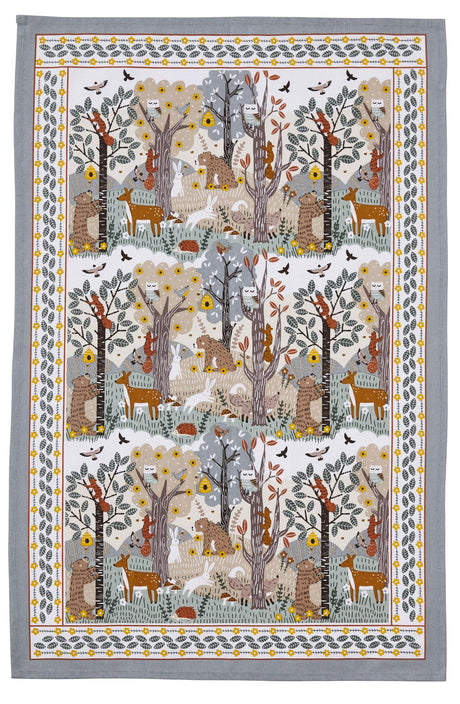 Cotton tea towel with whimsical woodland design, 48x74cm, combining vibrant colors and high absorbency for stylish kitchen use.