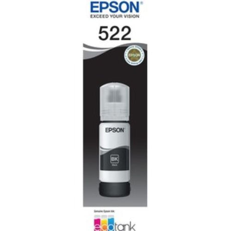 Epson T522 EcoTank black ink bottle, offers standard yield, auto stop technology, and up to 80% cost savings for eco-friendly printing.