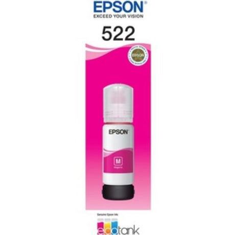 Epson T522 EcoTank Magenta Ink Bottle for vibrant, high-capacity printing with innovative auto stop feature and easy tank refilling.