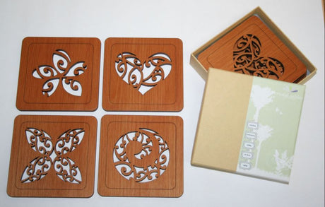 Set of 4 Rimu coasters featuring unique Kiwi patterns, showcasing New Zealand's cultural heritage and style.