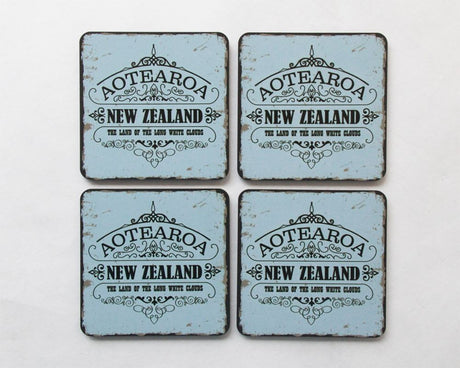 Vibrant Aotearoa Kiwiana coasters set, showcasing New Zealand culture; durable with natural cork bases, ideal for home decor.