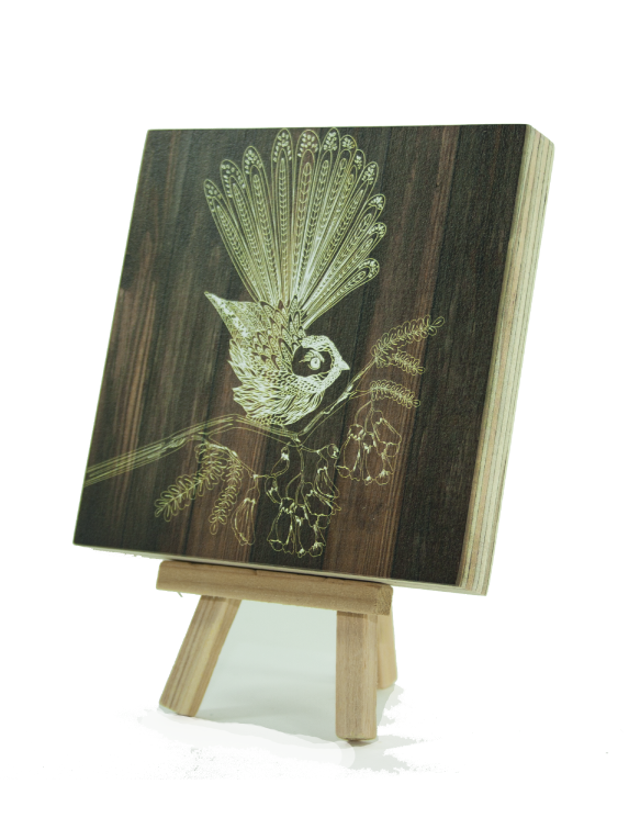 Art Block Plywood in dark wood featuring a vibrant Fantail design, perfect for eco-friendly home decor.