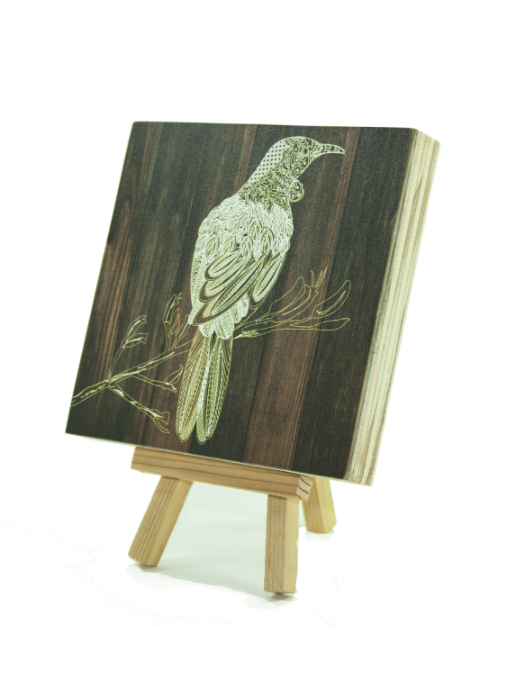 Art Block Plywood featuring a Tui design, perfect for eco-friendly home decor, measuring 120x120mm and ready to hang.