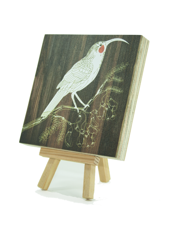 Art Block Plywood featuring a Huia bird design in dark wood finish, 120mm x 120mm, eco-friendly and ready to hang.