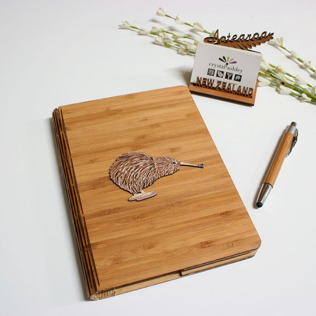 Kiwana Printed Bamboo Journal featuring a kiwi and butterfly design, eco-friendly, refillable A5 notebook.