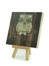 Art Block Plywood featuring a Morepork design, made from eco-friendly pine, ready to hang, 120x120mm size.