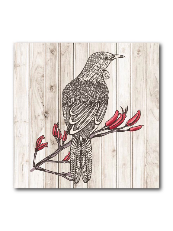 Art Block Plywood featuring a Tui design, made from eco-friendly pine, ready to hang; ideal for small spaces or as a gift.