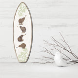 Vibrant Kiwi surfboard art on eco-friendly pine ply, perfect for coastal decor and easy to hang.