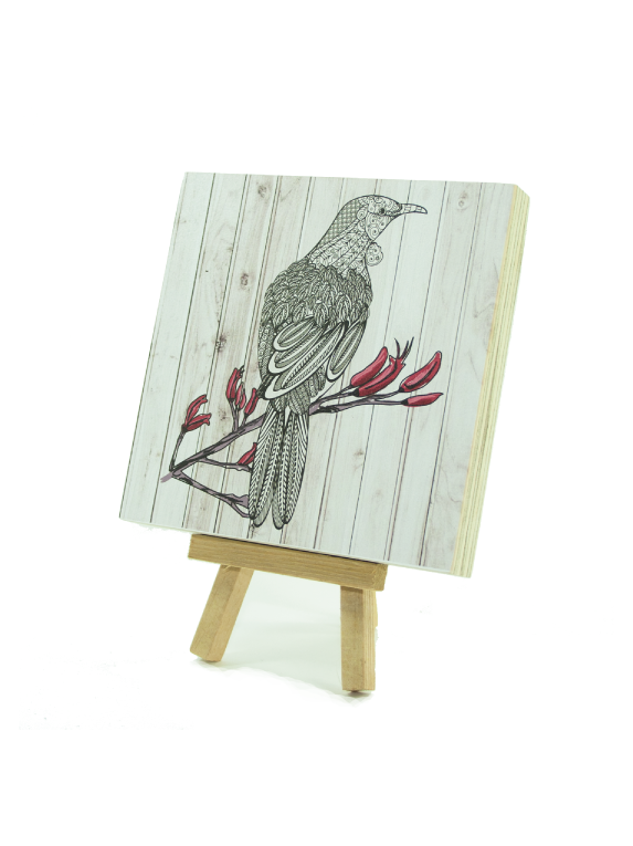 Art Block Plywood in light wood features a tui design, ready to hang, 120mm x 120mm, crafted from eco-friendly pine ply.