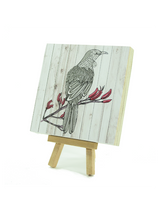 Art Block Plywood in light wood features a tui design, ready to hang, 120mm x 120mm, crafted from eco-friendly pine ply.