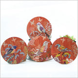 Set of 4 colorful bird coasters made of durable MDF with cork base, perfect for protecting surfaces and enhancing decor.