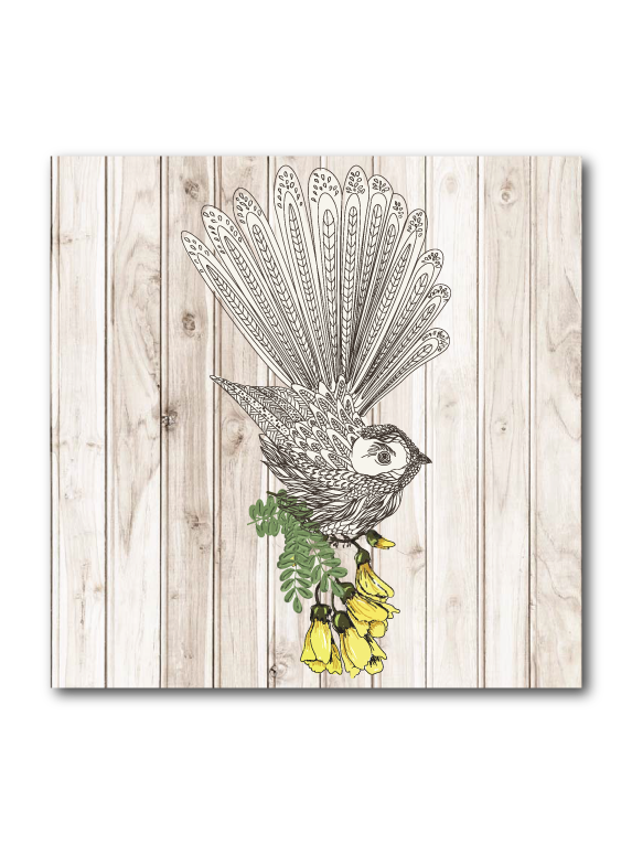 Light wood art block featuring a Fantail design, eco-friendly, 120mm, ready to hang, perfect for home decor.