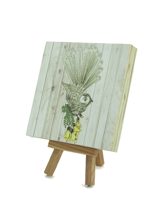 Light wood art block featuring a Fantail design, eco-friendly pine plywood, 120mm x 120mm, ready to hang.