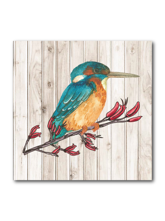 Light wood art block featuring intricately printed Kingfisher design, eco-friendly, compact size, ready to hang, perfect for decor.