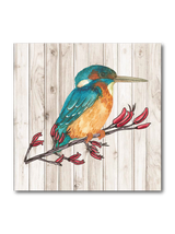 Light wood art block featuring intricately printed Kingfisher design, eco-friendly, compact size, ready to hang, perfect for decor.