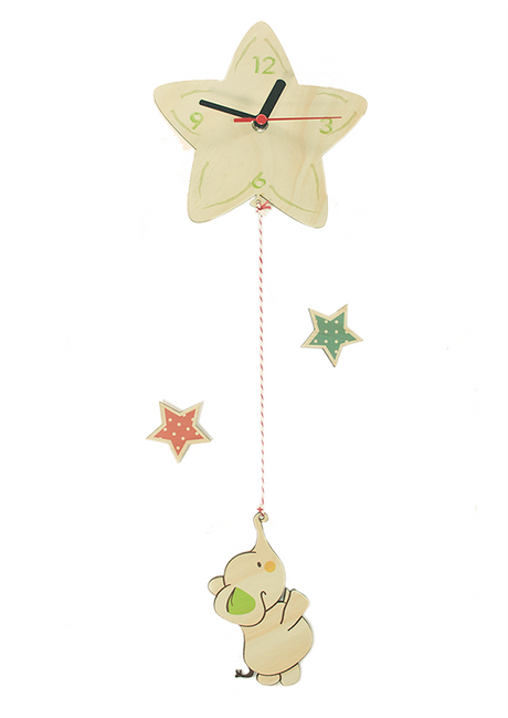 Wall art clock featuring an elephant holding a star, crafted from eco-friendly pine veneer, ready to hang.