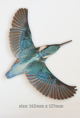 Vibrant kingfisher wall art set on brushed silver ACM, perfect for nature lovers, indoors or sheltered outdoors.