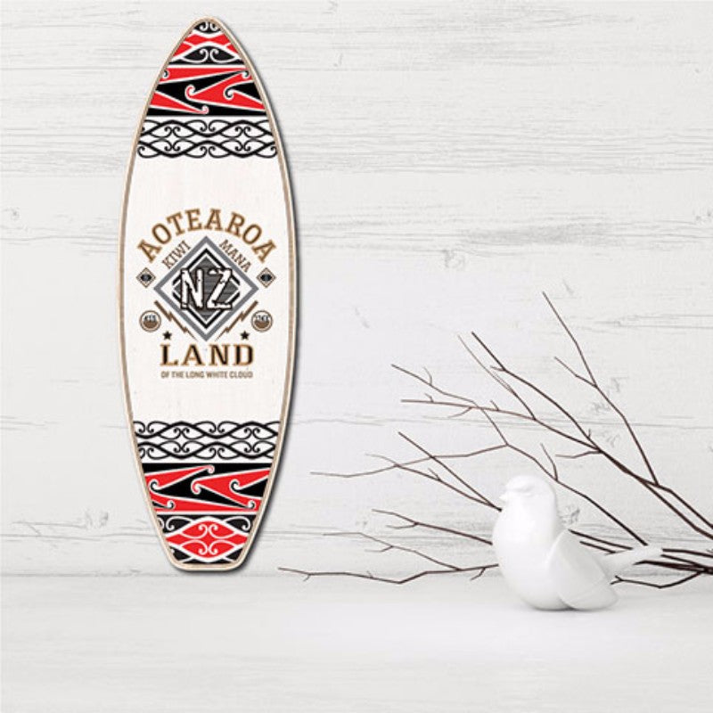 Kiwiana wall art featuring a surfboard design, crafted from eco-friendly pine plywood, celebrating New Zealand's Aotearoa.