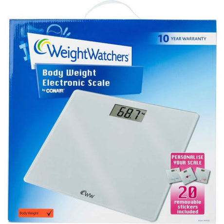 Electronic body weight scale with a tempered glass platform, customizable stickers, and a large digital display for accurate measurements.